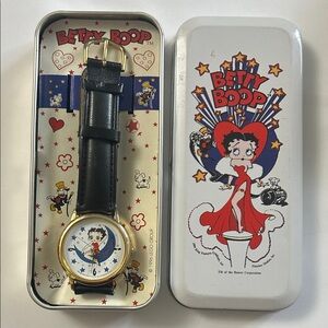 Betty Boop Gold Tone Watch with Stars and Hearts Tin Case